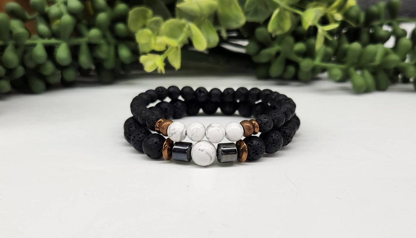 White Howlite &  Black Lava Stretchable Two Bracelet Set