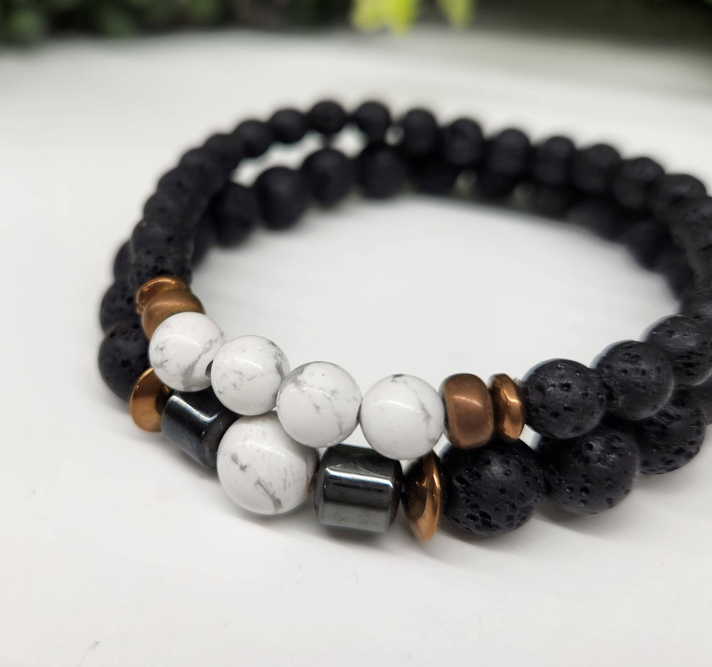 White Howlite &  Black Lava Stretchable Two Bracelet Set