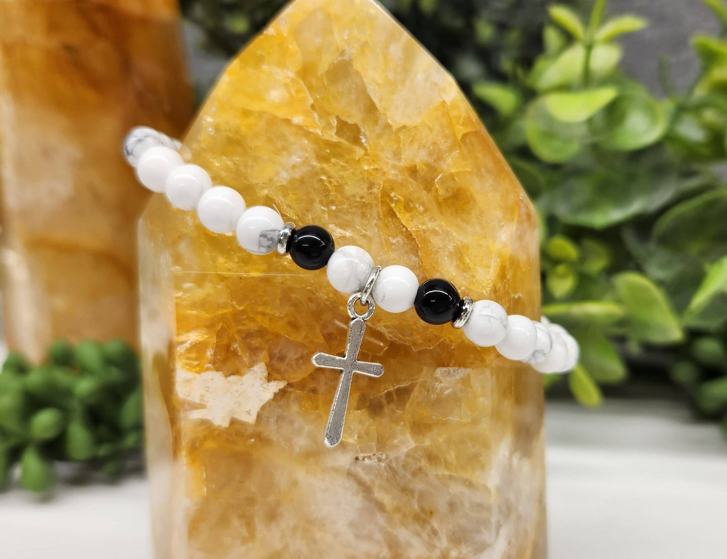 White Howlite & Black Obsidian with Cross Bracelet 6mm Beads