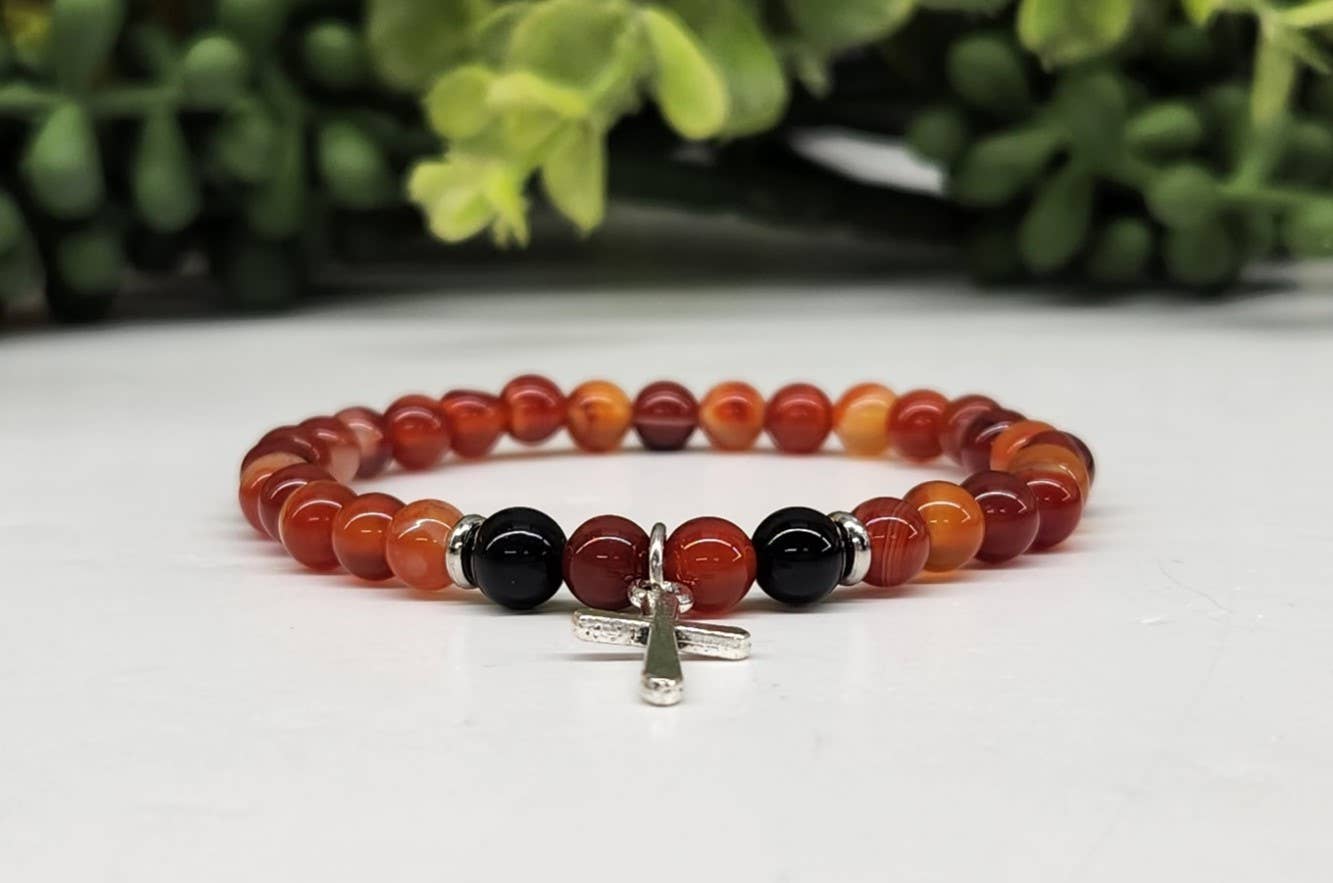 Carnelian & Black Obsidian with Cross Bracelet 6mm Beads