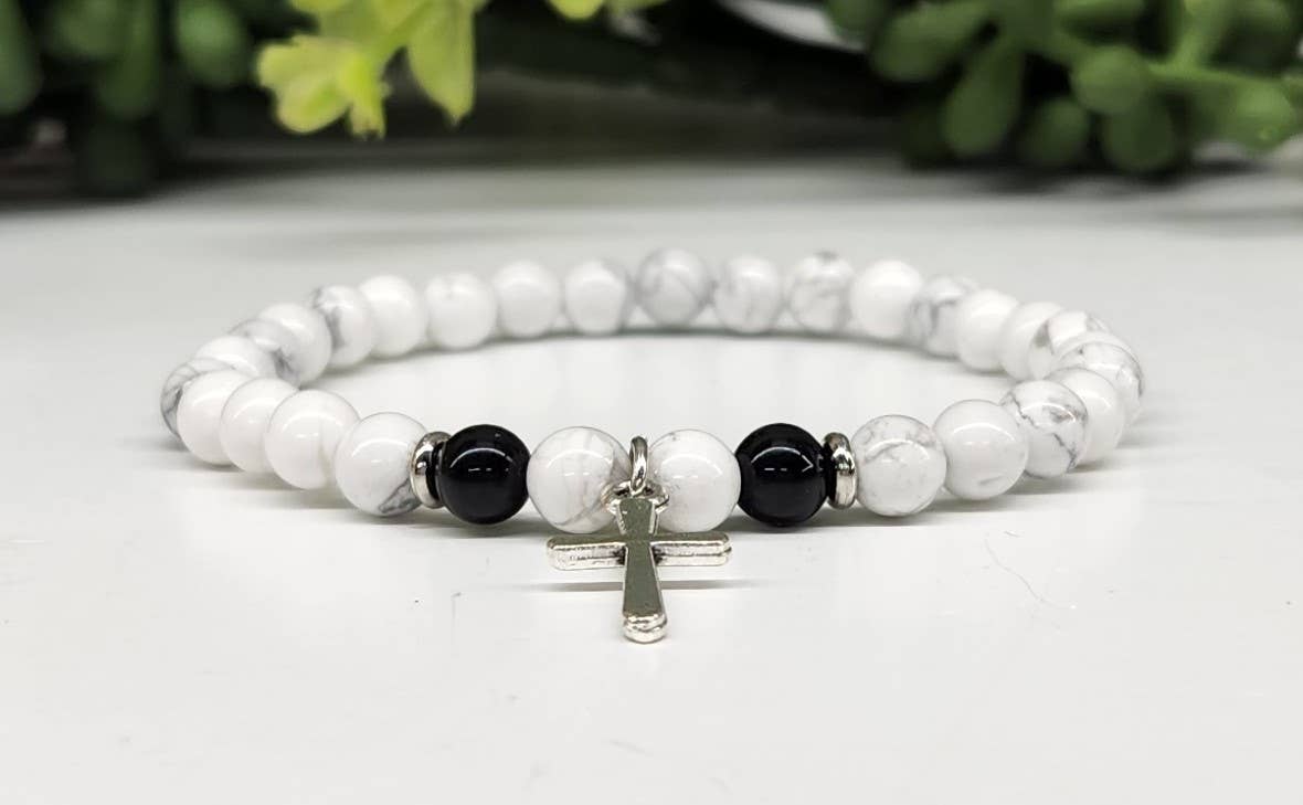 White Howlite & Black Obsidian with Cross Bracelet 6mm Beads