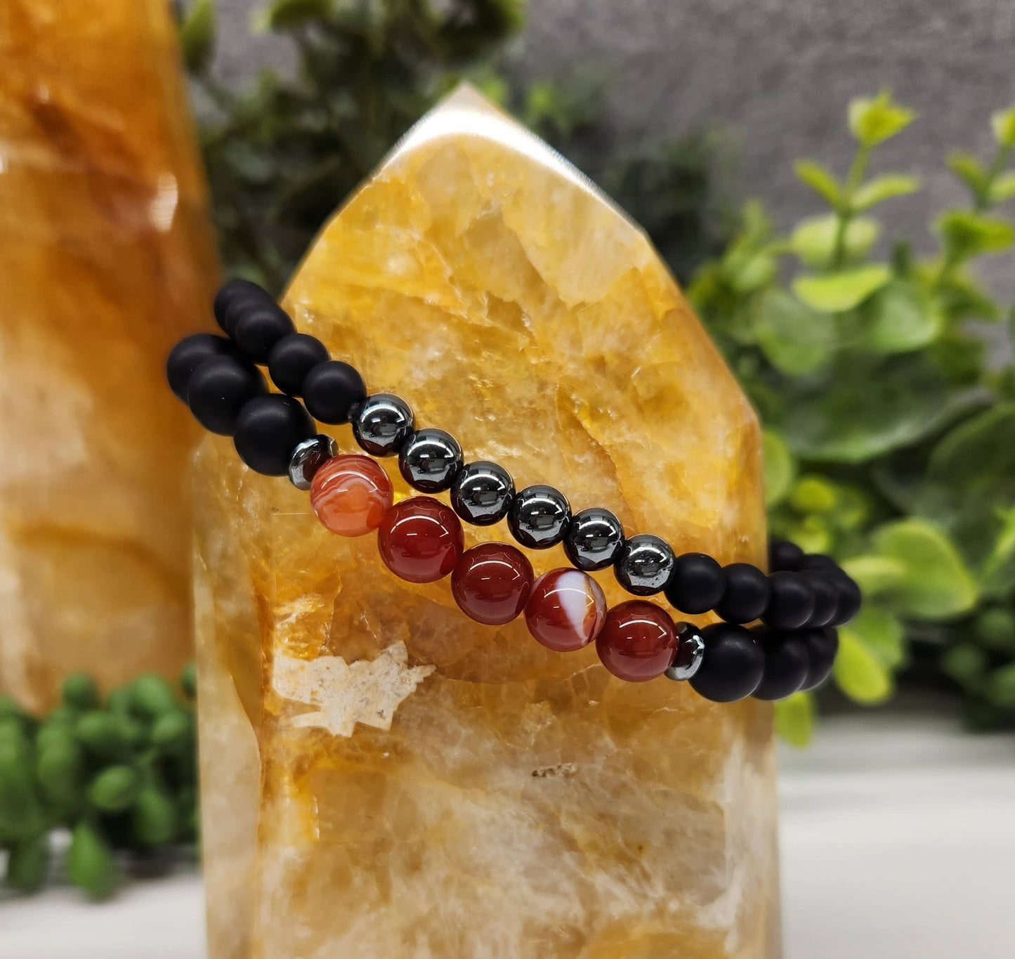 Banded Carnelian/Hematite/Black Obsidian-Matte (2 Bracelets)