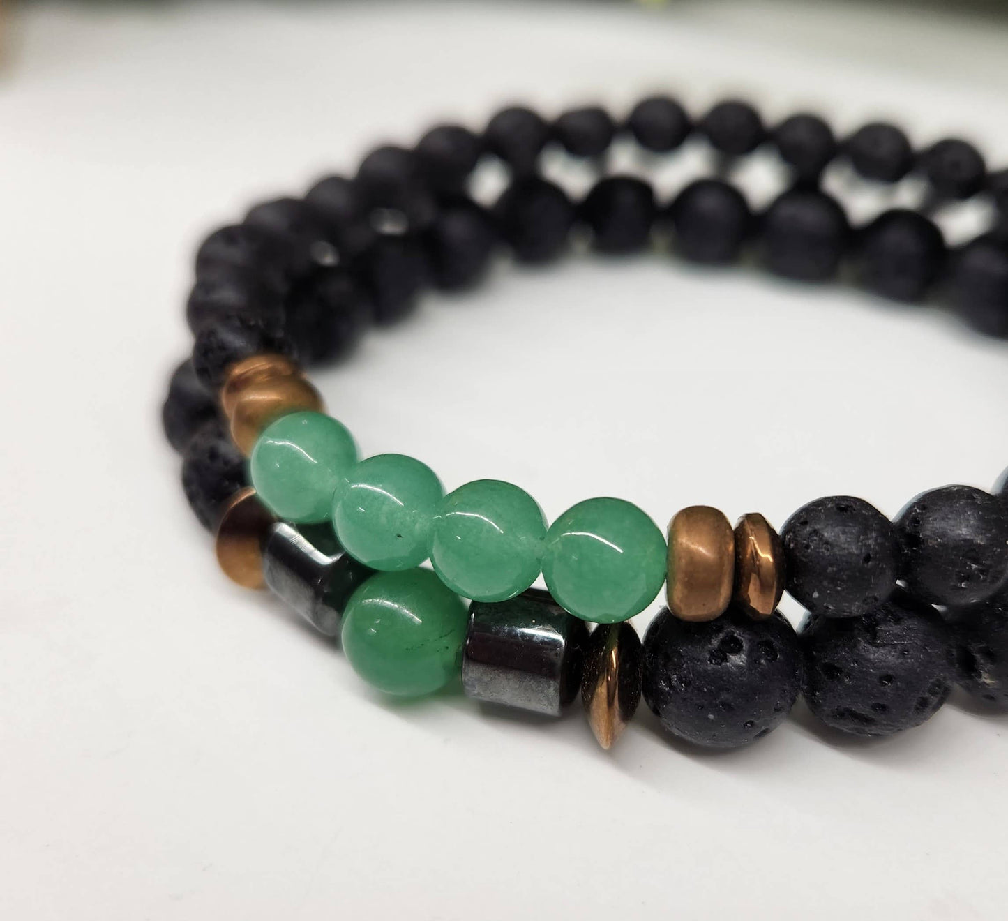 Green Aventurine and Black Lava Bracelet (Two Bracelet Set)