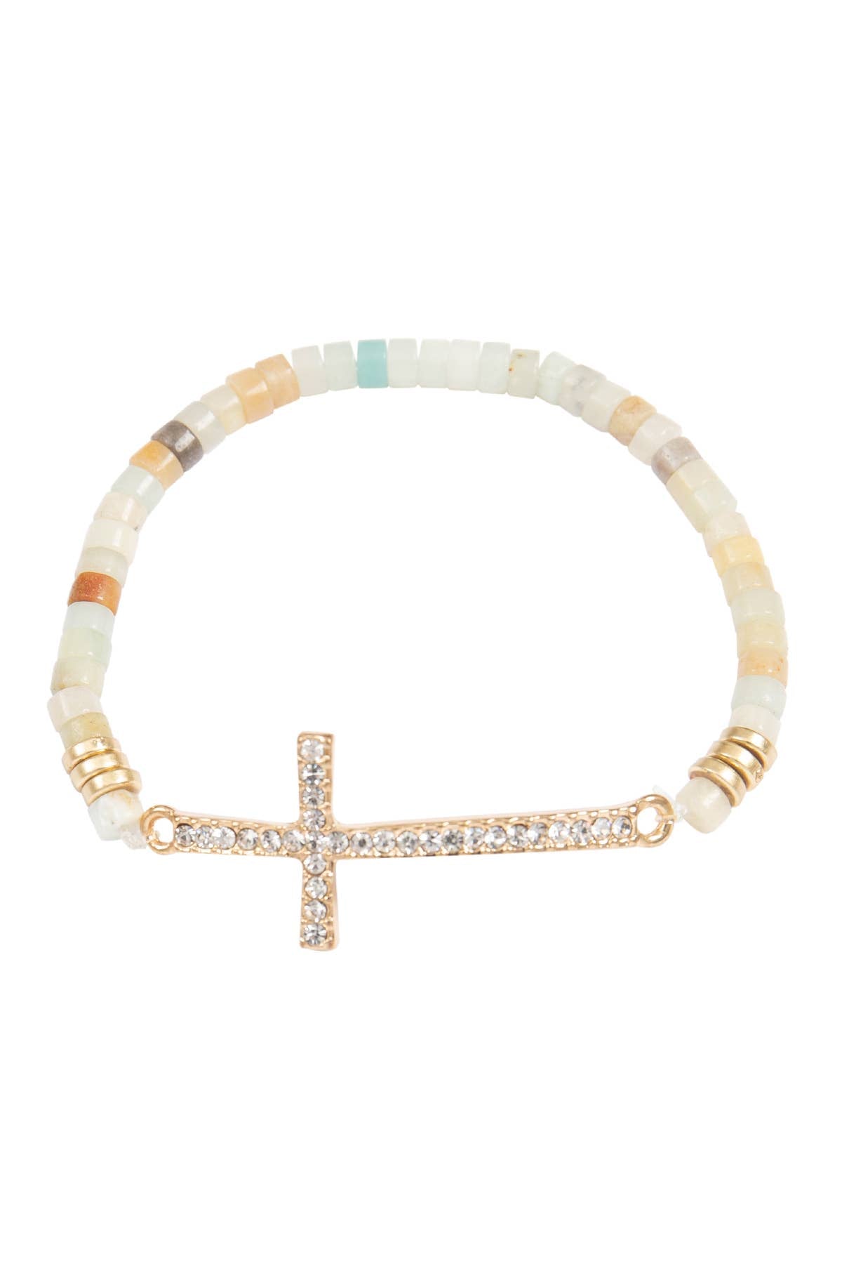 Cross Rhinestone With Natural Stone Beads Stretch Bracelet