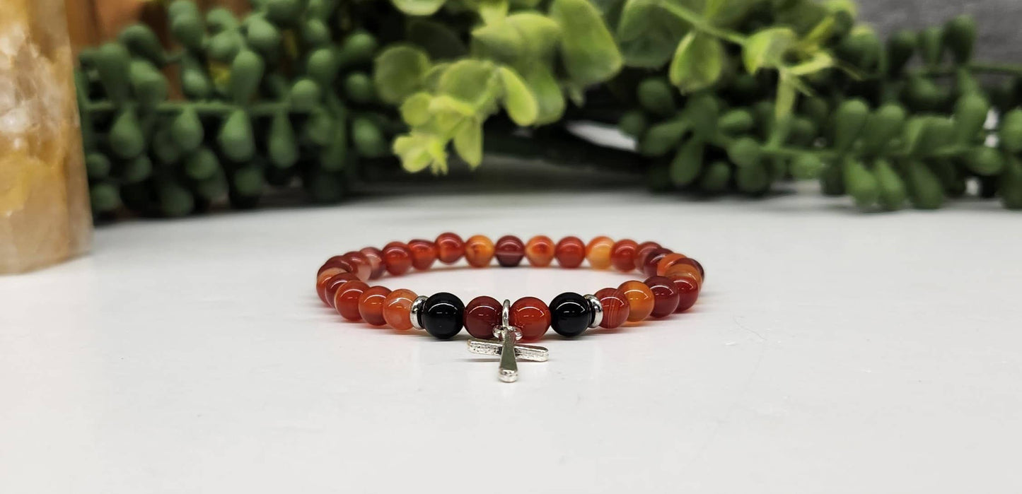 Carnelian & Black Obsidian with Cross Bracelet 6mm Beads