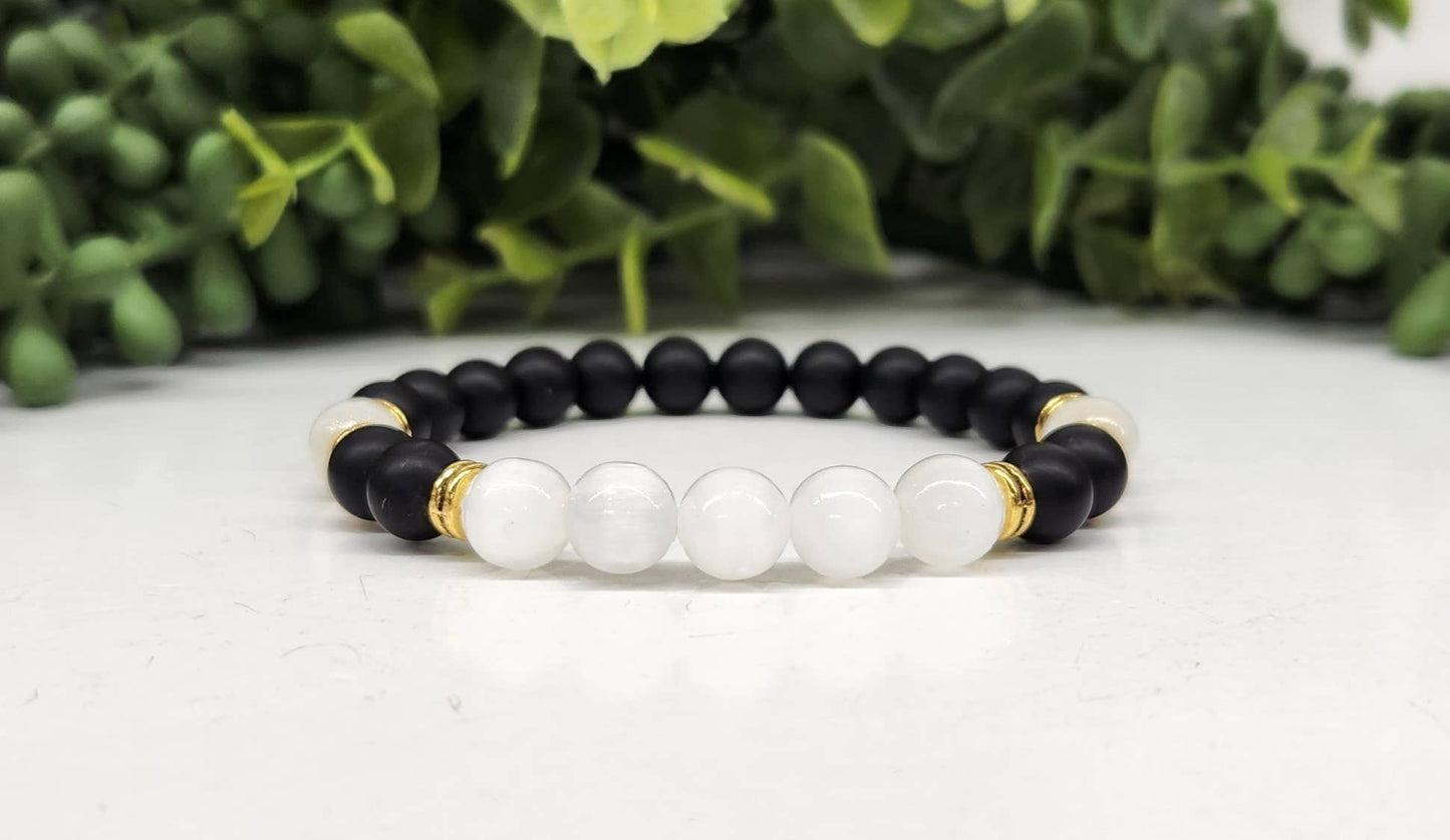 CLEANSING - Black Obsidian-Matte/Selenite  Bracelet 8MM, 7.5