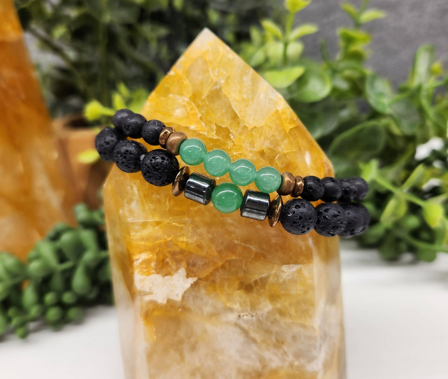 Green Aventurine and Black Lava Bracelet (Two Bracelet Set)