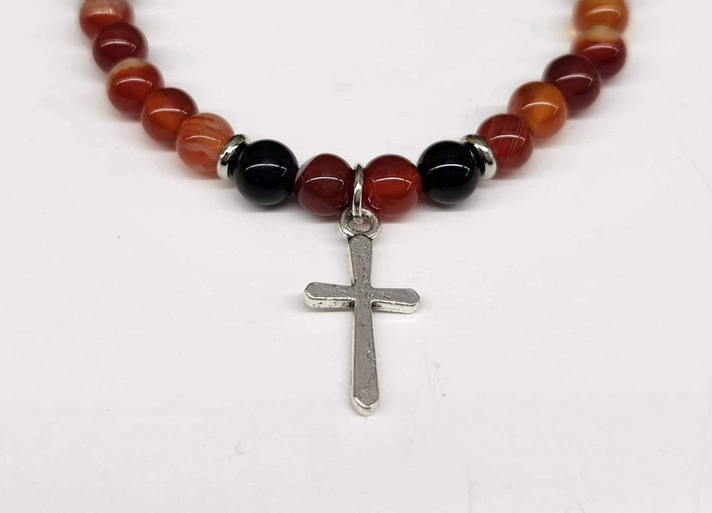 Carnelian & Black Obsidian with Cross Bracelet 6mm Beads