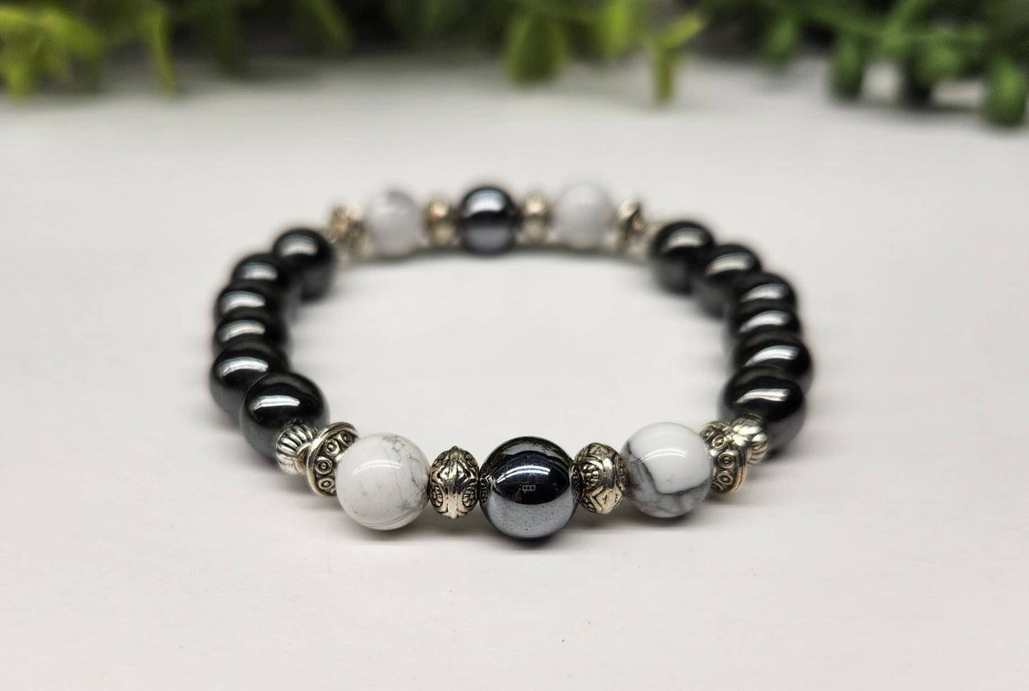 CALMNESS/GROUNDING- White Howlite/Hematite Bracelet-8mm Bead