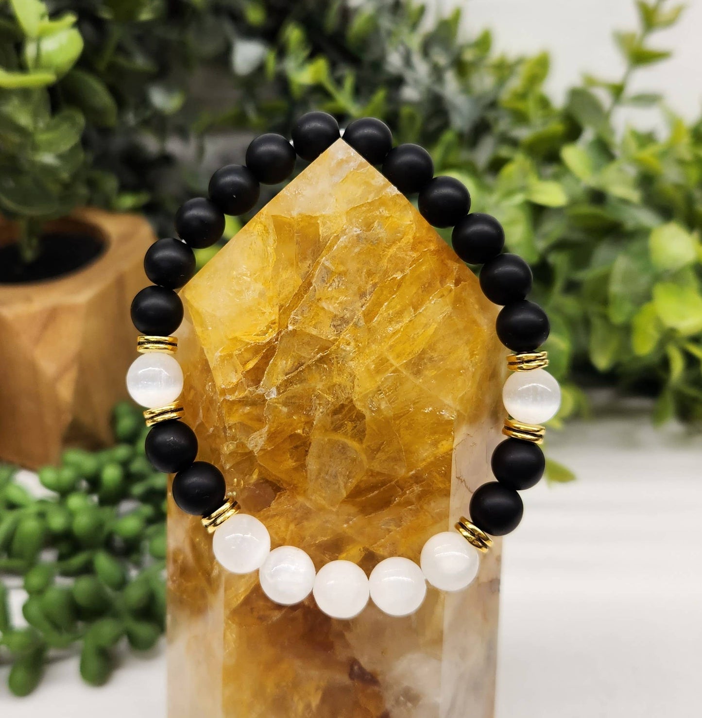 CLEANSING - Black Obsidian-Matte/Selenite  Bracelet 8MM, 7.5