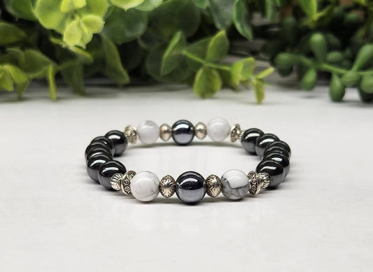 CALMNESS/GROUNDING- White Howlite/Hematite Bracelet-8mm Bead