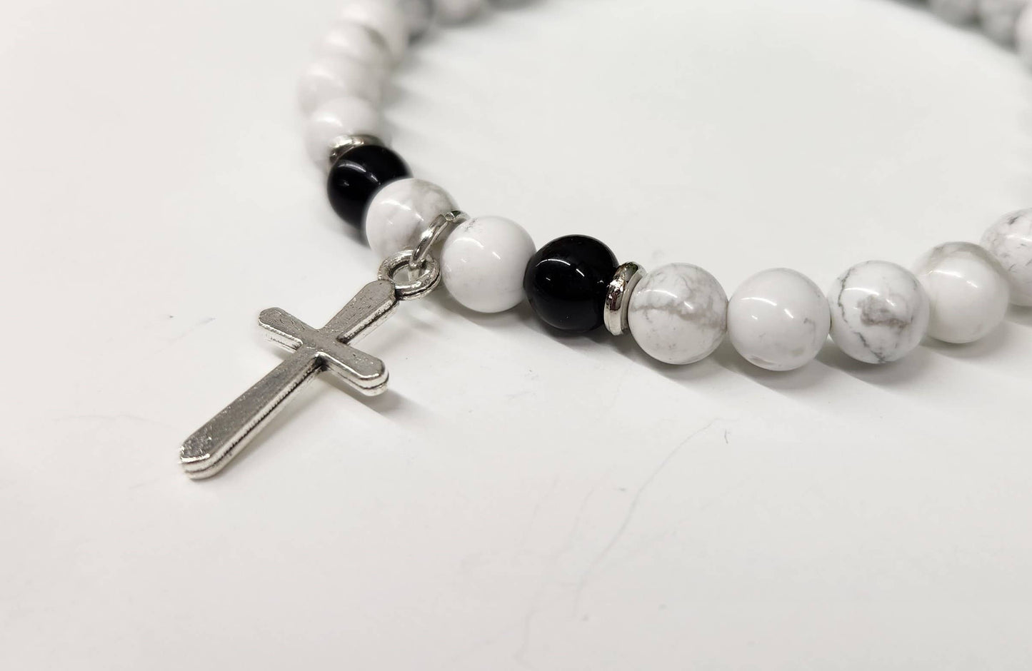 White Howlite & Black Obsidian with Cross Bracelet 6mm Beads