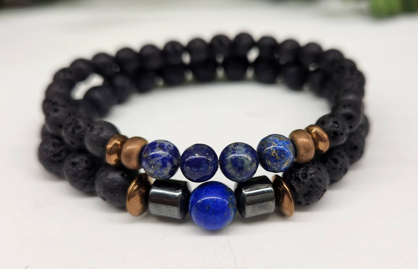 Lapis Lazuli and  Black Lava Stretchable-Two Bracelet Set