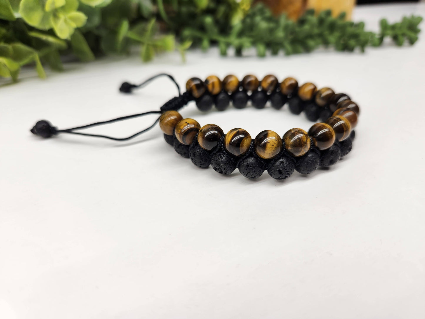 Yellow Tiger Eye with Black Lava Woven Adjustable 8mm Beads