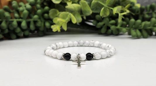 White Howlite & Black Obsidian with Cross Bracelet 6mm Beads