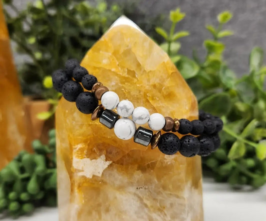 White Howlite & Black Lava Stretchable Two Bracelet