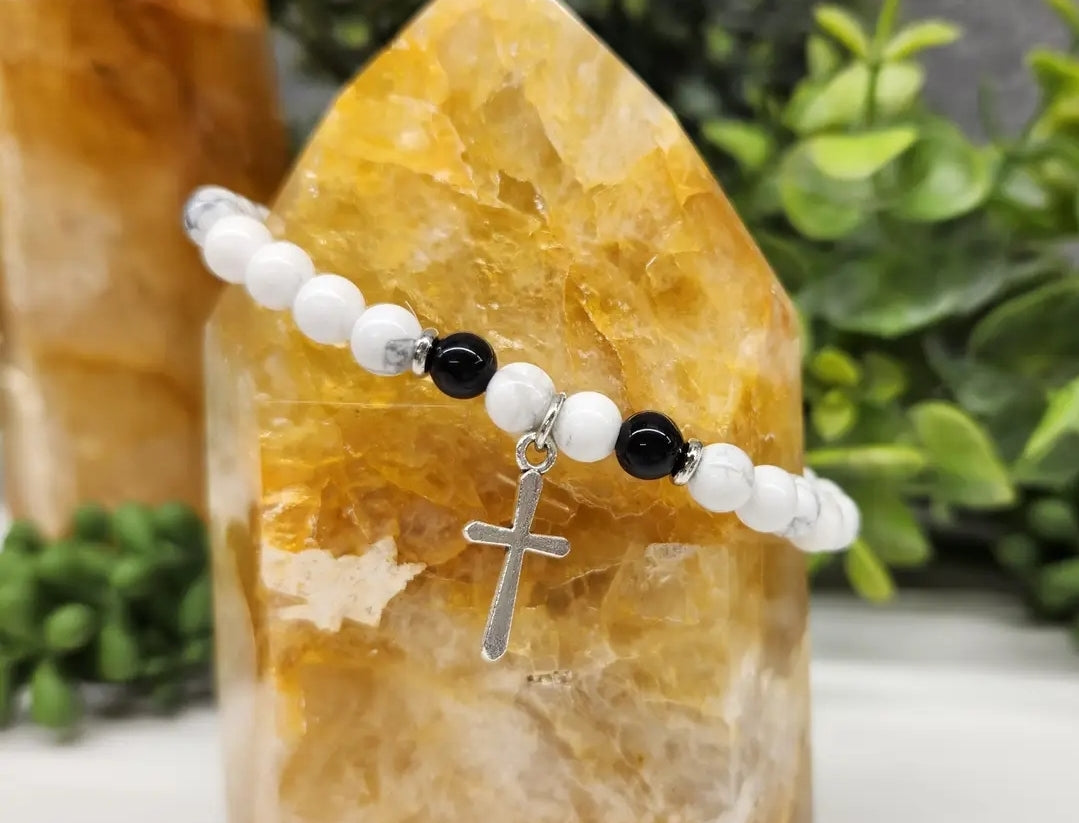 White Howlite & Black Obsidian with Cross 6mm