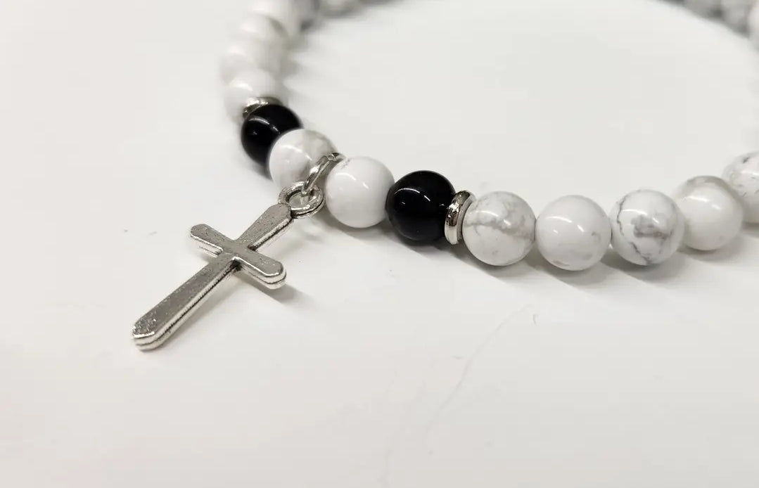 White Howlite & Black Obsidian with Cross 6mm