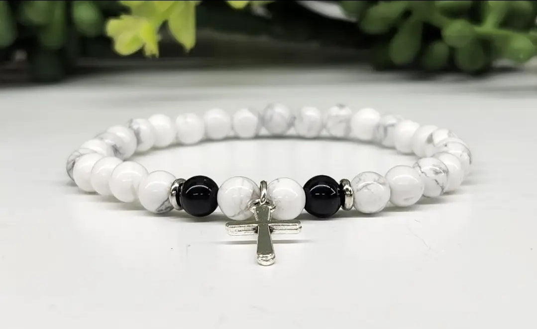 White Howlite & Black Obsidian with Cross 6mm