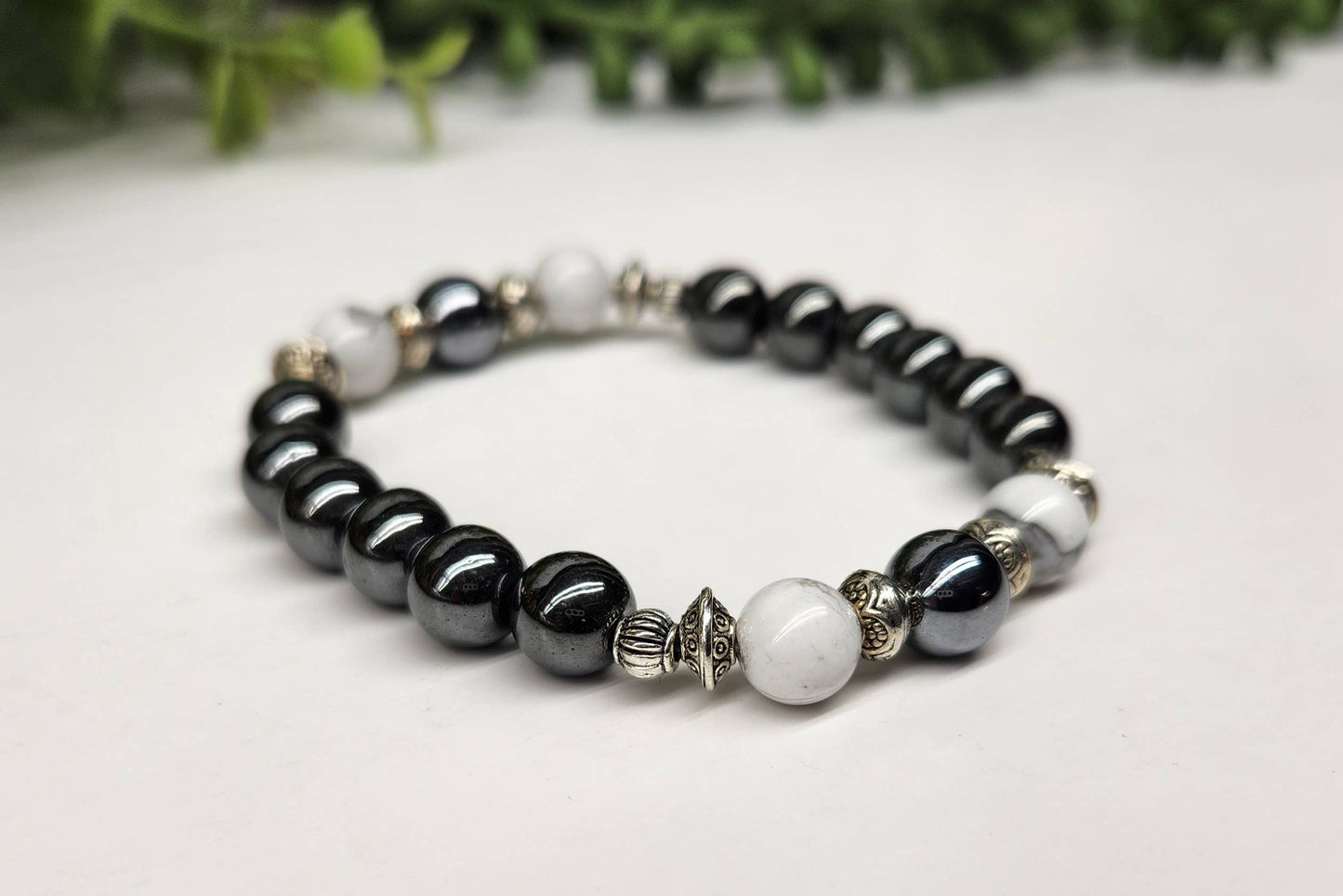 CALMNESS/GROUNDING- White Howlite/Hematite Bracelet-8mm Bead