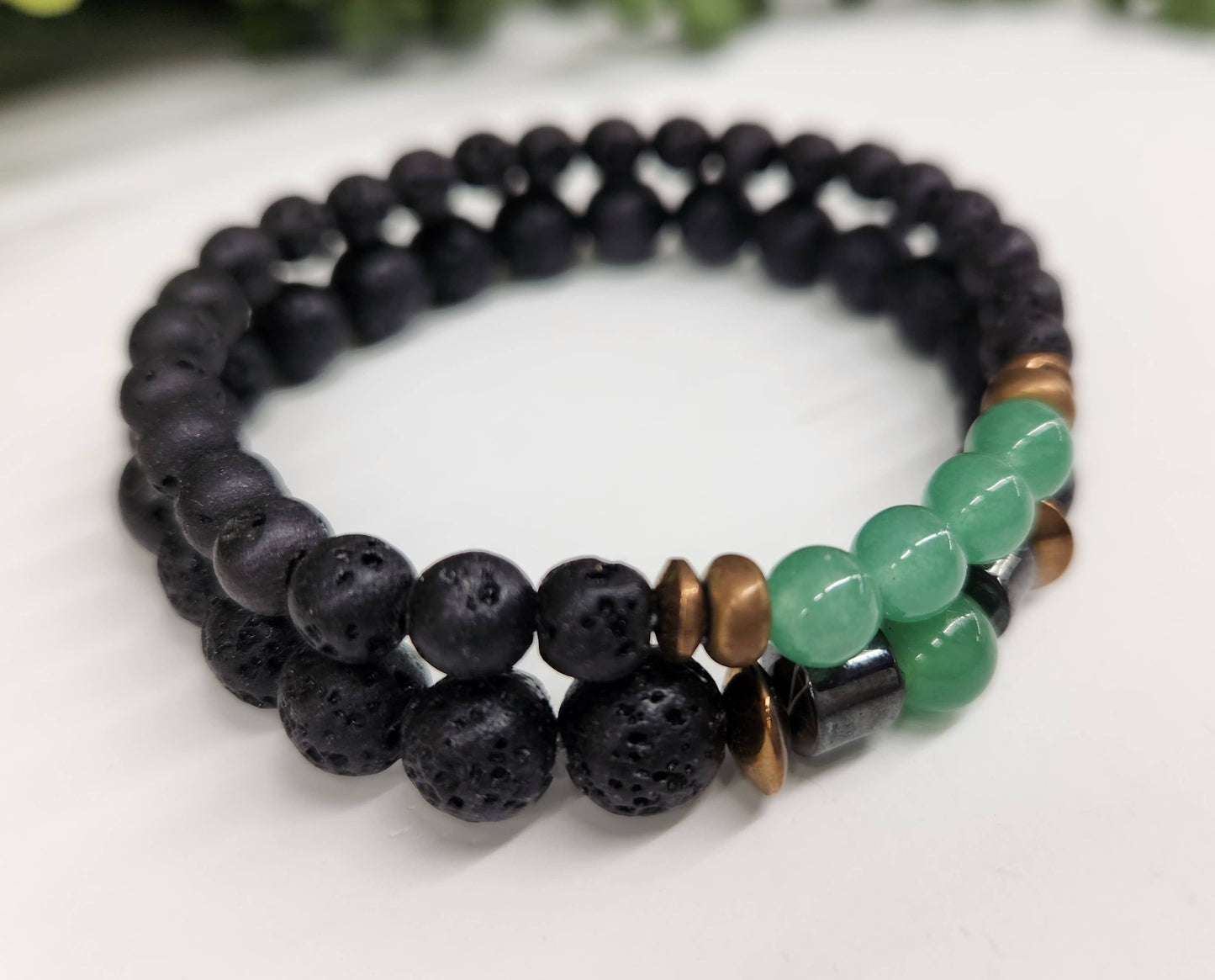 Green Aventurine and Black Lava Bracelet (Two Bracelet Set)