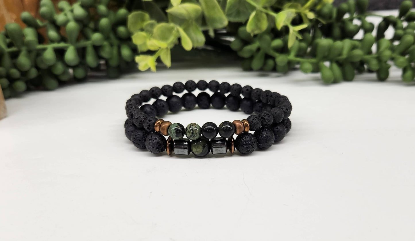 Kambaba & Black Lava Stretchable  Two Bracelet Set-6 & 8mm