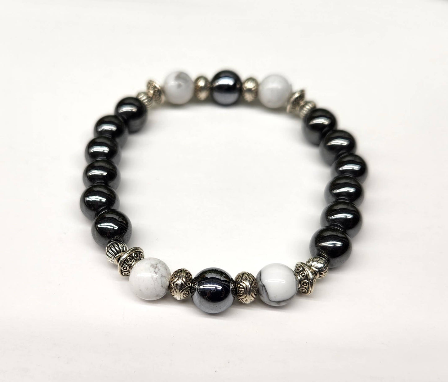 CALMNESS/GROUNDING- White Howlite/Hematite Bracelet-8mm Bead