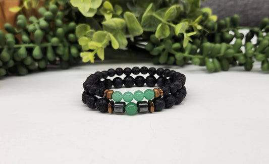 Green Aventurine and Black Lava Bracelet (Two Bracelet Set)