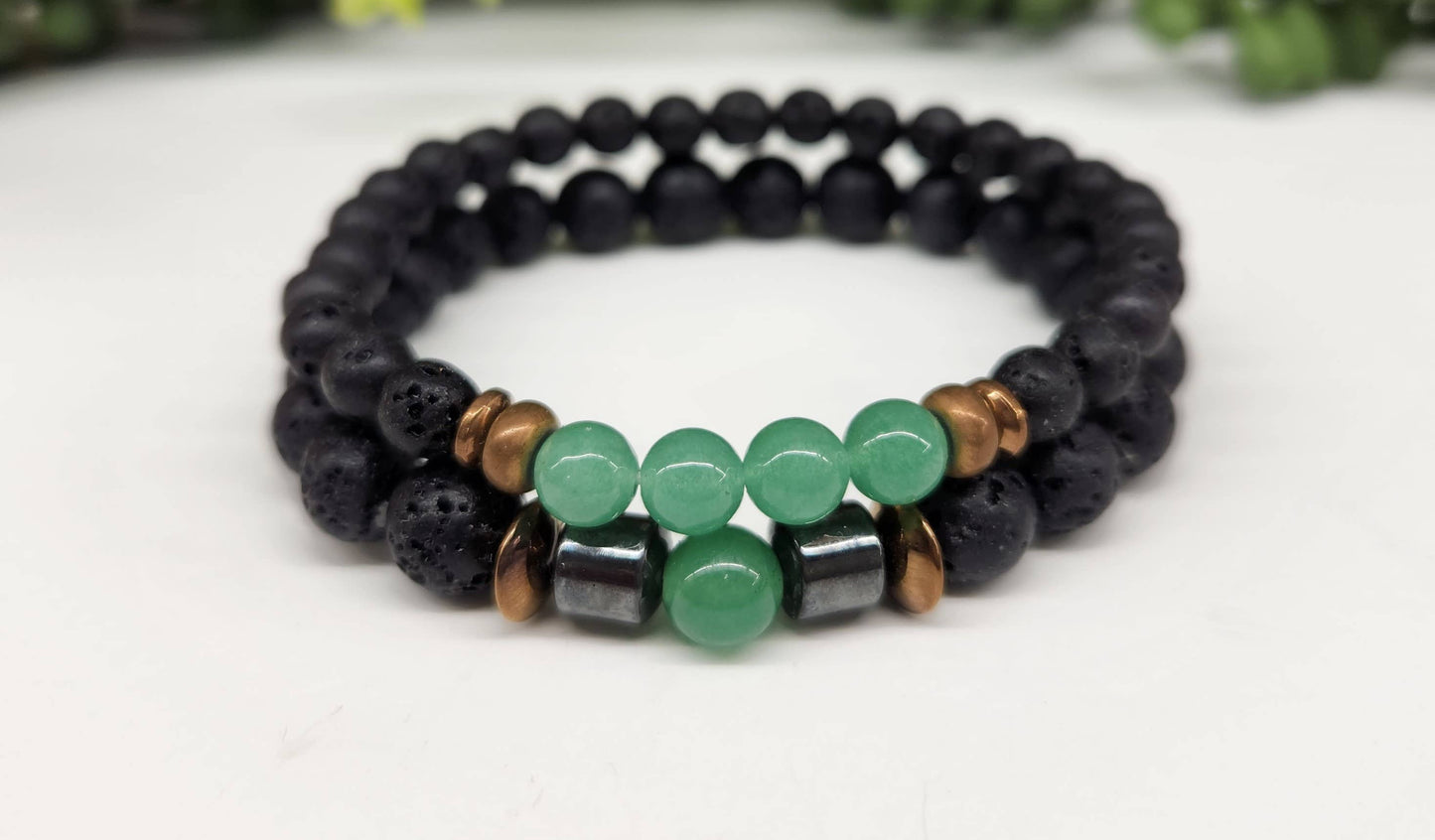 Green Aventurine and Black Lava Bracelet (Two Bracelet Set)