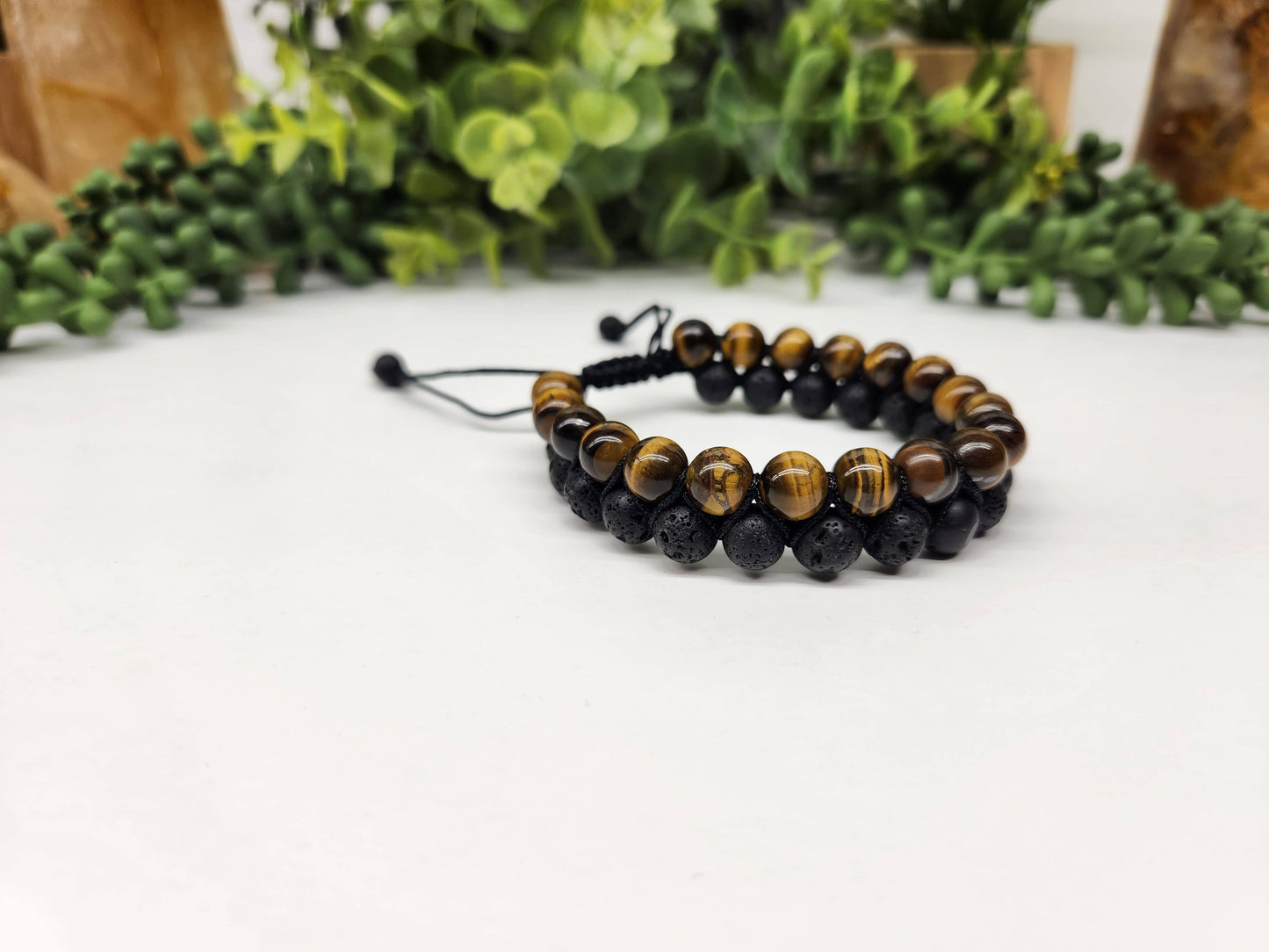 Yellow Tiger Eye with Black Lava Woven Adjustable 8mm Beads