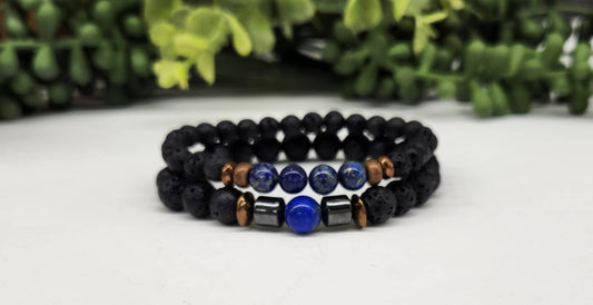 Lapis Lazuli and  Black Lava Stretchable-Two Bracelet Set