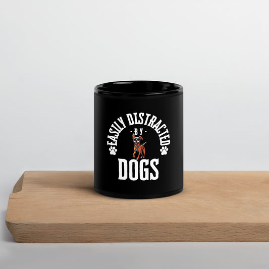 Black Glossy Mug distracted by dogs