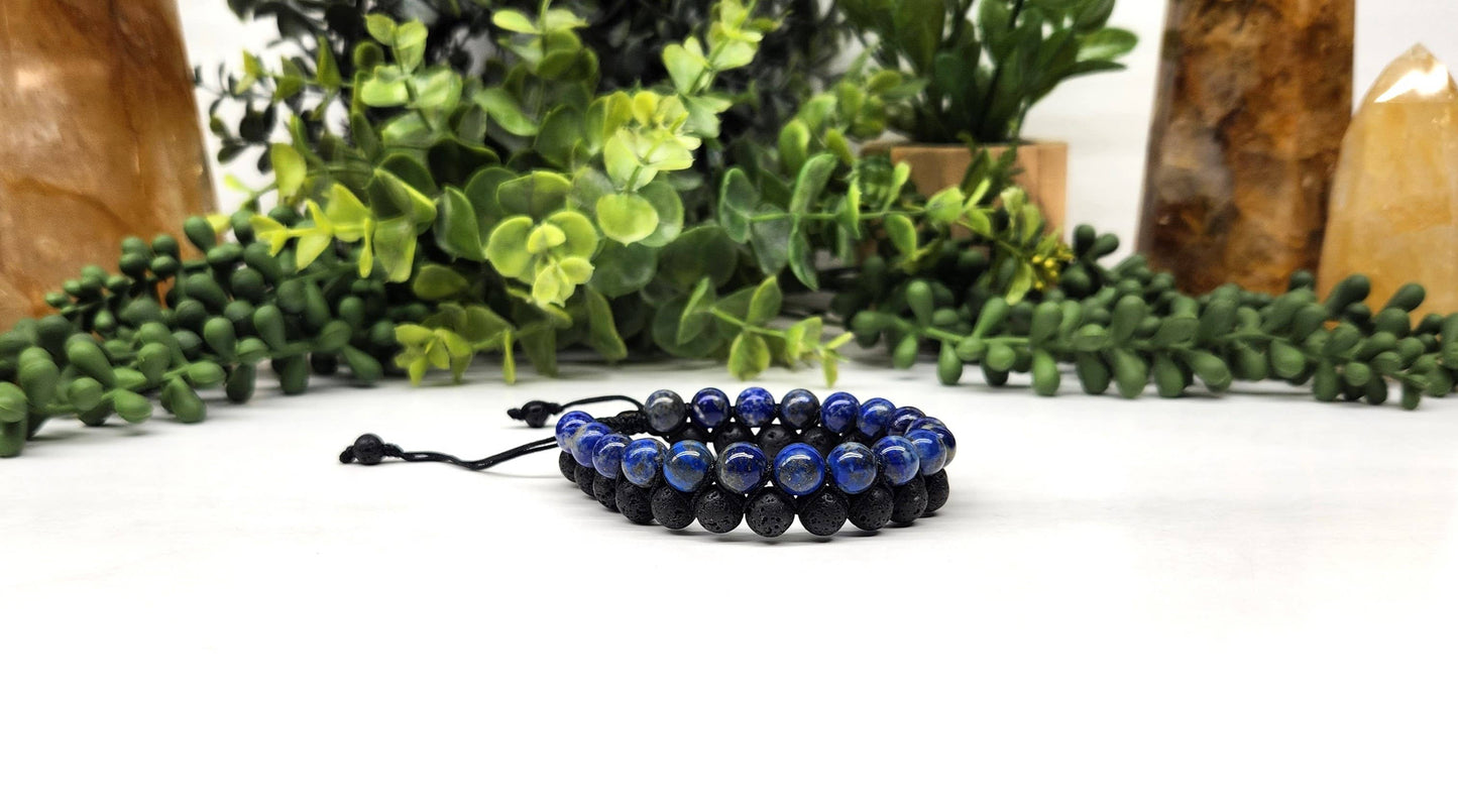 Lapis Lazuli with Black Lava Woven Adjustable 8mm Beads