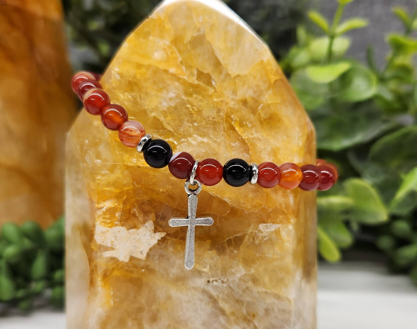 Carnelian & Black Obsidian with Cross Bracelet 6mm Beads