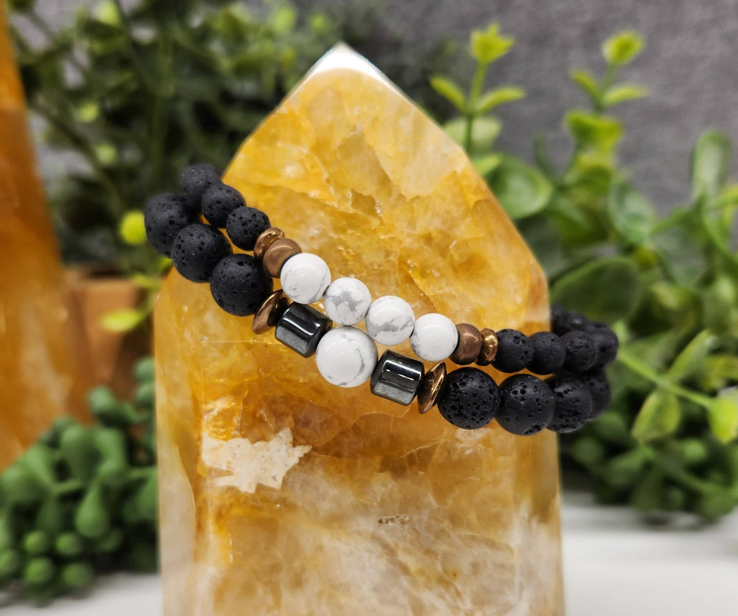 White Howlite &  Black Lava Stretchable Two Bracelet Set