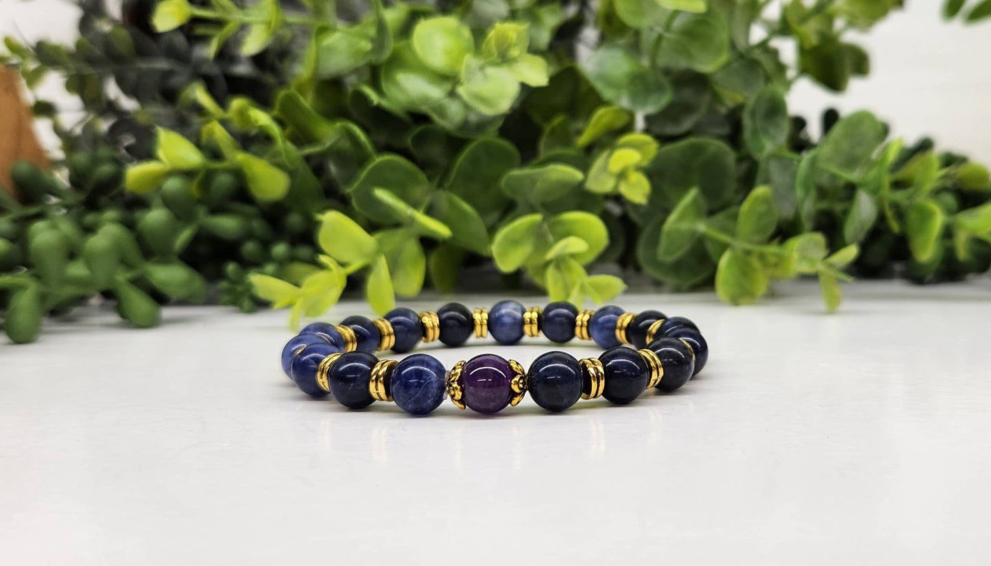 ANXIETY SUPPORT - Sodalite/Amethyst (center) with Gold color