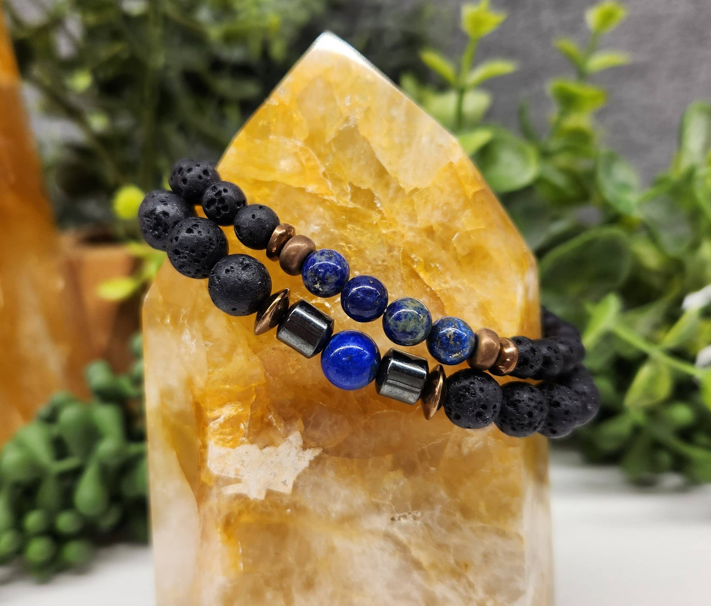 Lapis Lazuli and  Black Lava Stretchable-Two Bracelet Set