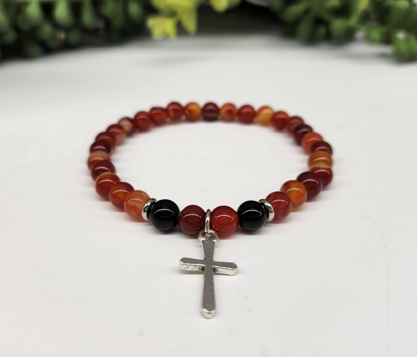 Carnelian & Black Obsidian with Cross Bracelet 6mm Beads