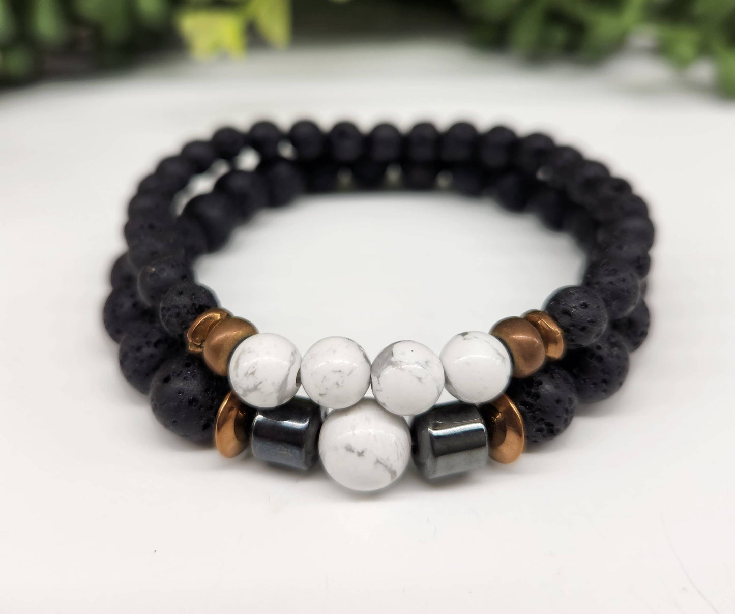 White Howlite &  Black Lava Stretchable Two Bracelet Set