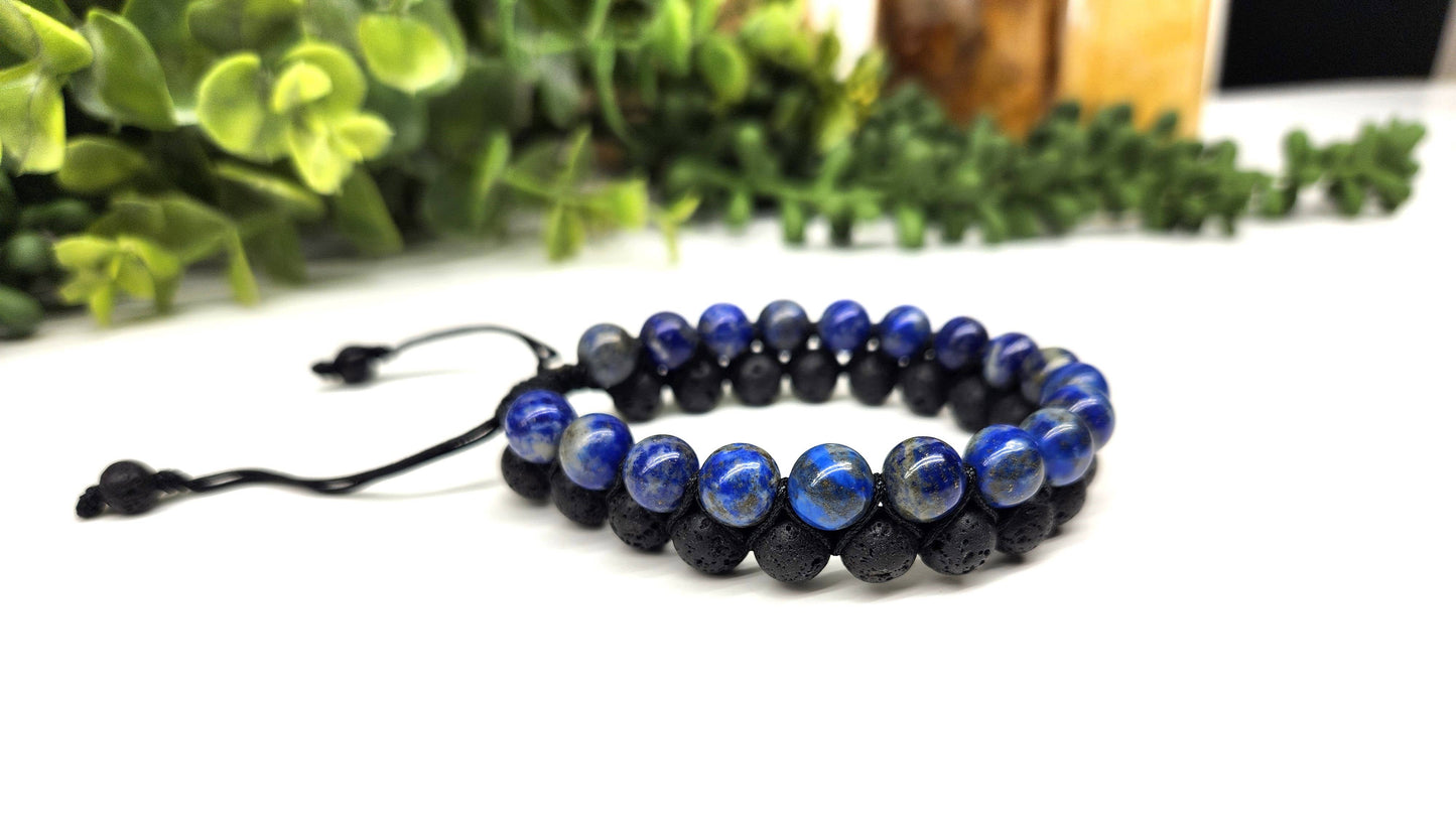 Lapis Lazuli with Black Lava Woven Adjustable 8mm Beads