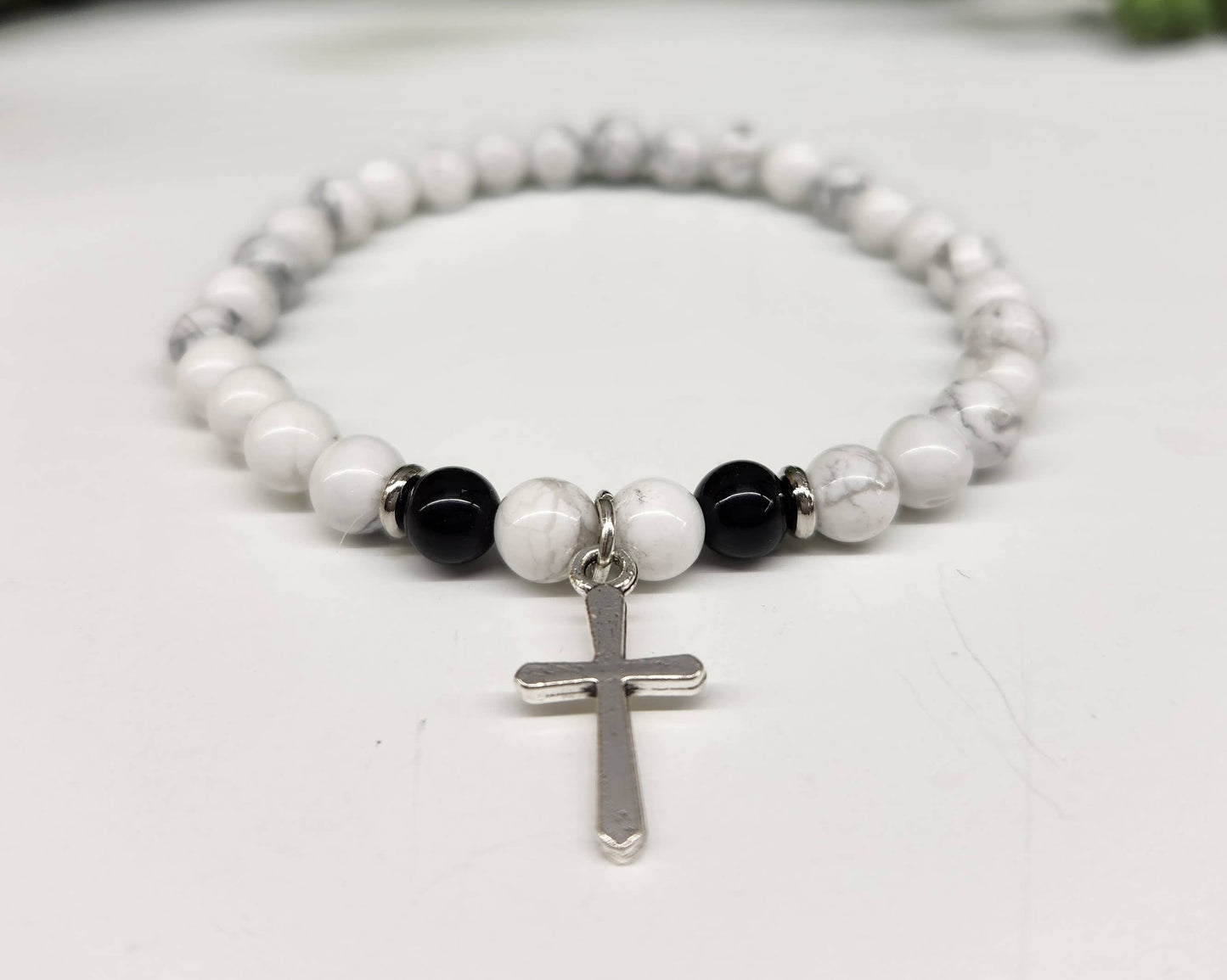 White Howlite & Black Obsidian with Cross Bracelet 6mm Beads